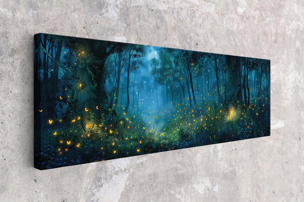 a painting of a forest filled with fireflies
