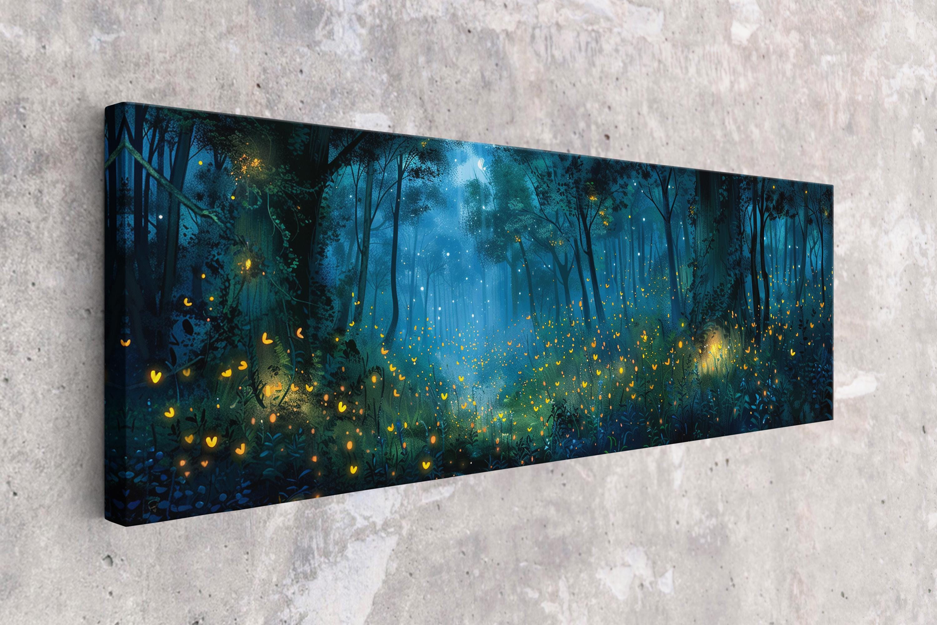 a painting of a forest filled with fireflies