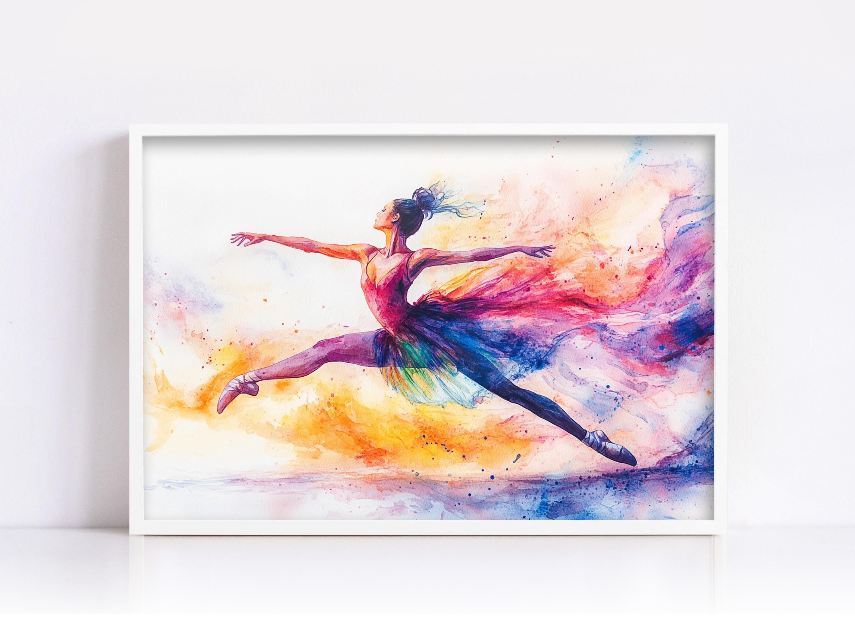 Ballet Dancer in Motion Ink Watercolor Art, Giclee Print on Canvas, Artist Paper, Framed or Unframed, Available in Extra Large Sizes