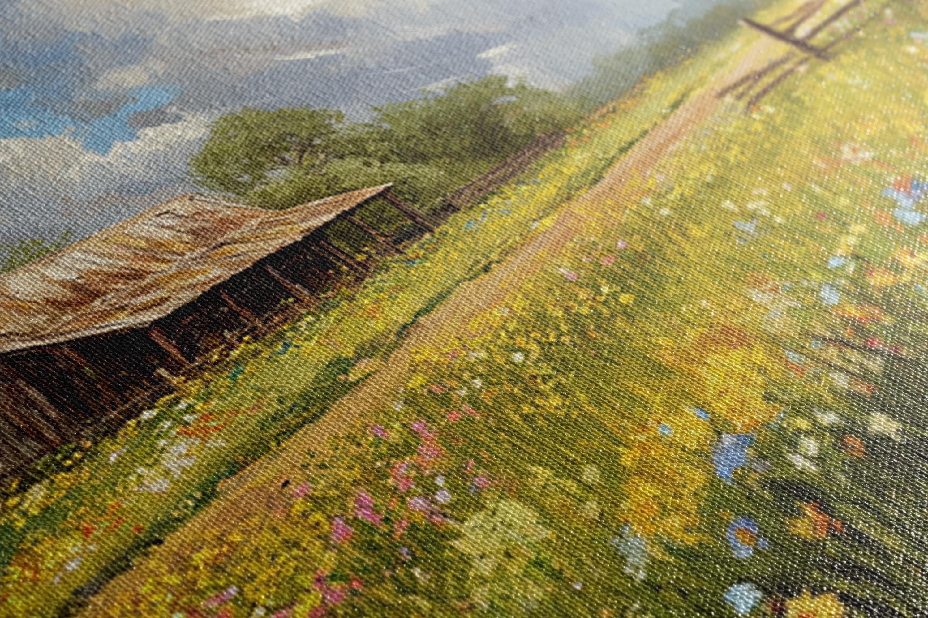 a painting of a farm with a barn in the background