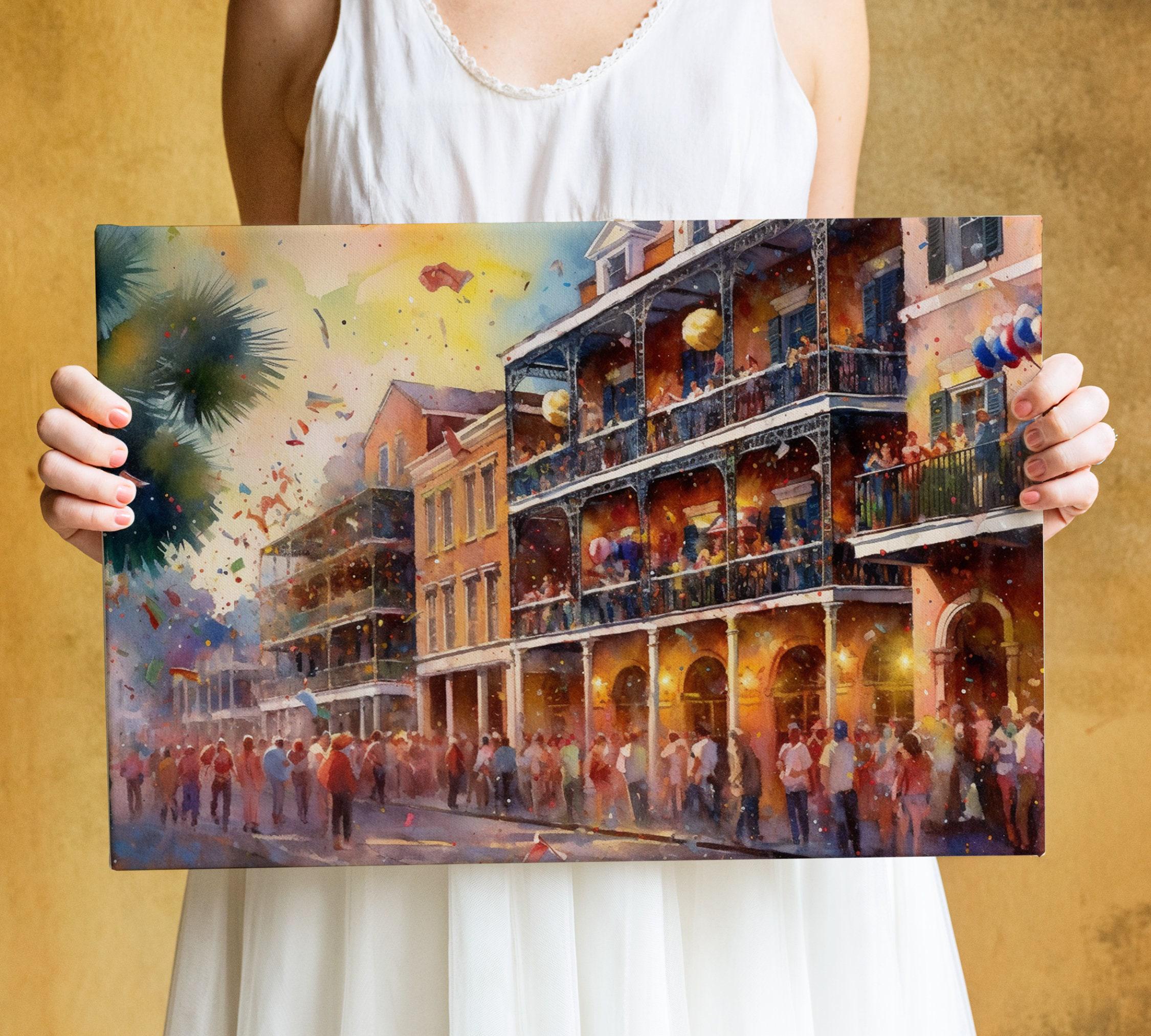 New Orleans Mardi Gras Watercolor, Festive Wall Art, Giclee Print on Canvas, Artist Paper, Watercolor Paper, Available in Extra Large Sizes