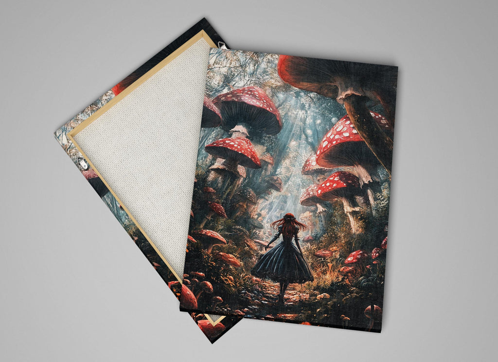 a card with a picture of a woman standing in a forest surrounded by mushrooms