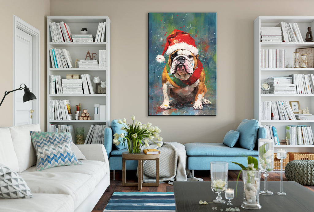 English Bulldog Christmas Art – Festive Dog Painting on Gallery Wrapped Canvas, Large Holiday Canvas
