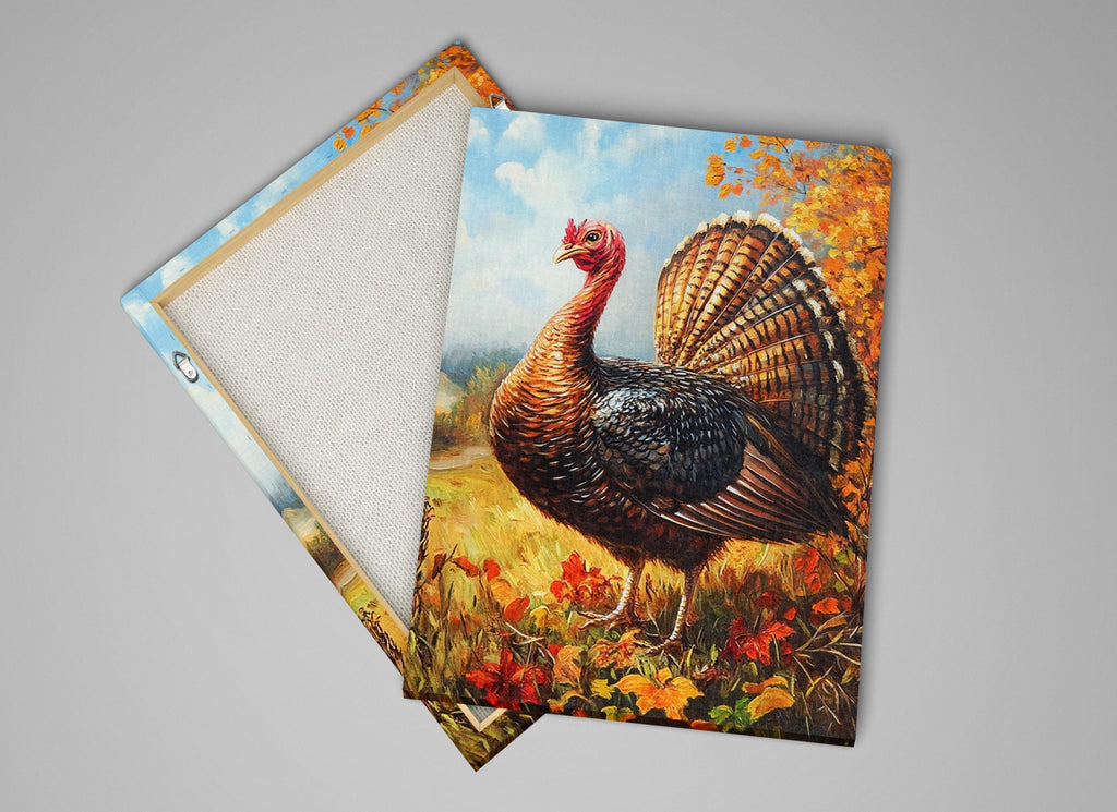 a vibrant painting of a turkey standing in a field of flowers, with a blue sky and trees in the background.