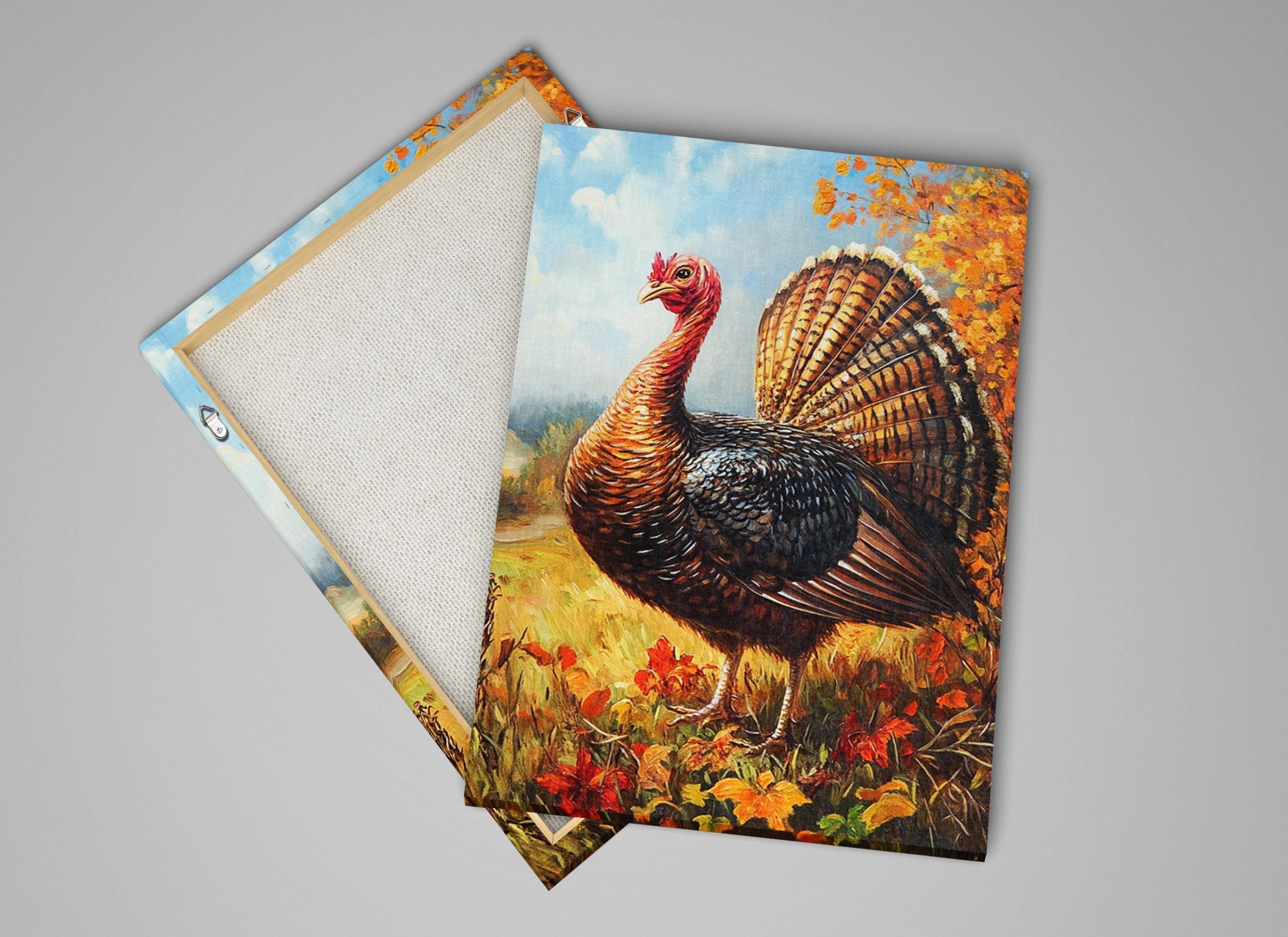 a vibrant painting of a turkey standing in a field of flowers, with a blue sky and trees in the background.