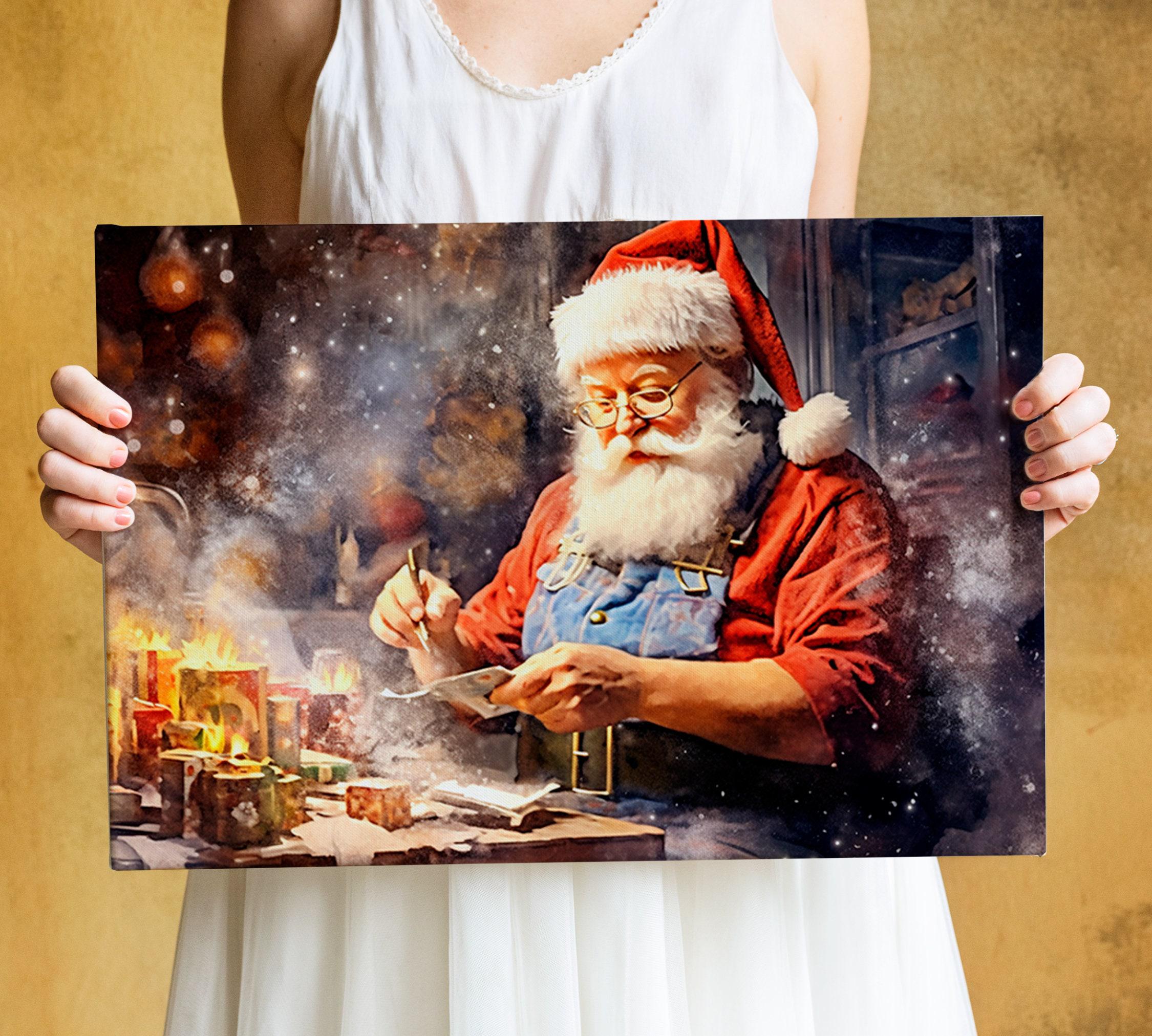 Santa Claus in His Workshop Watercolor - Christmas Giclee Print on Canvas, Artist Paper, Watercolor Paper, Available in Extra Large Sizes