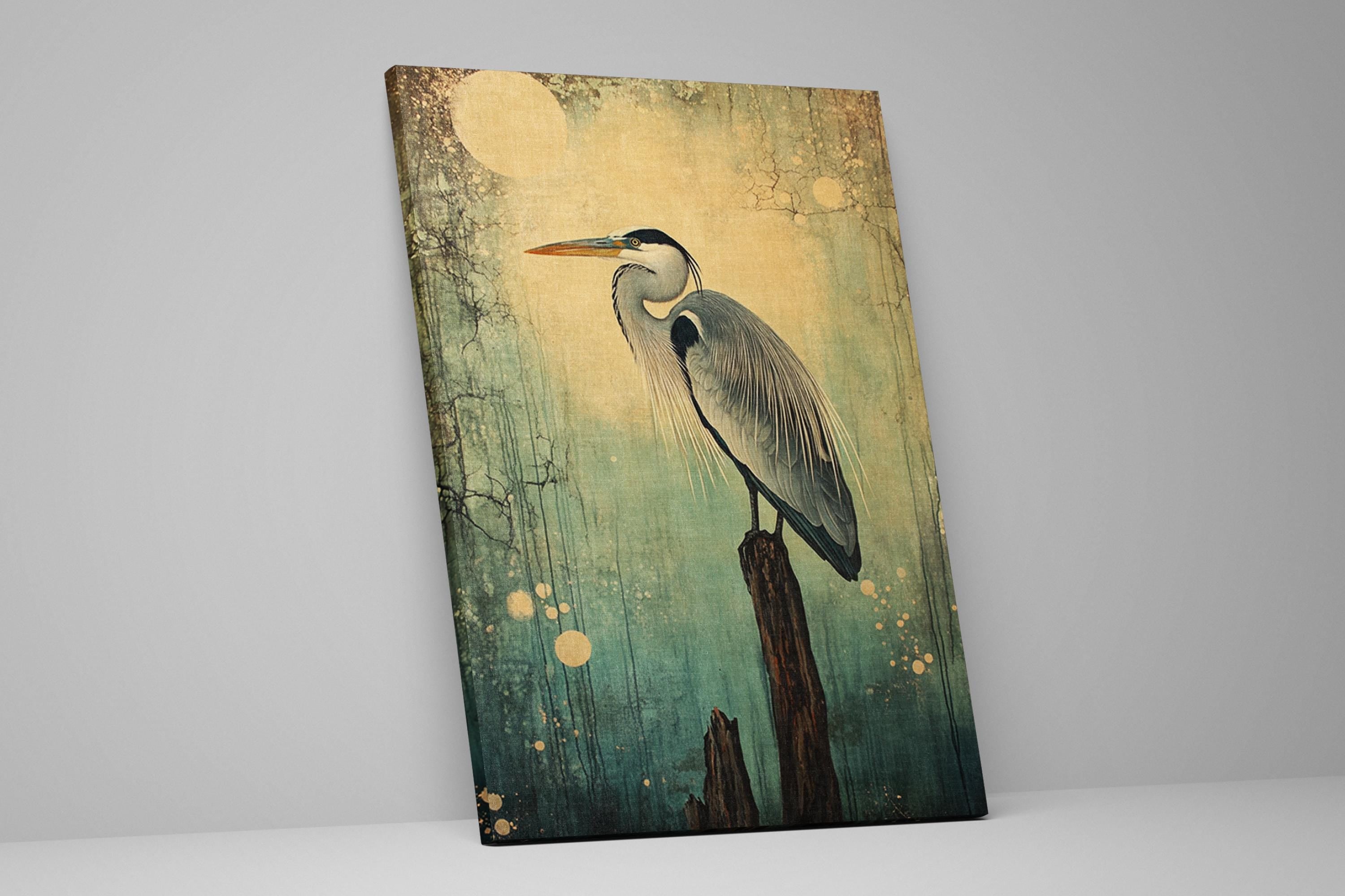 a painting of a bird sitting on top of a wooden post