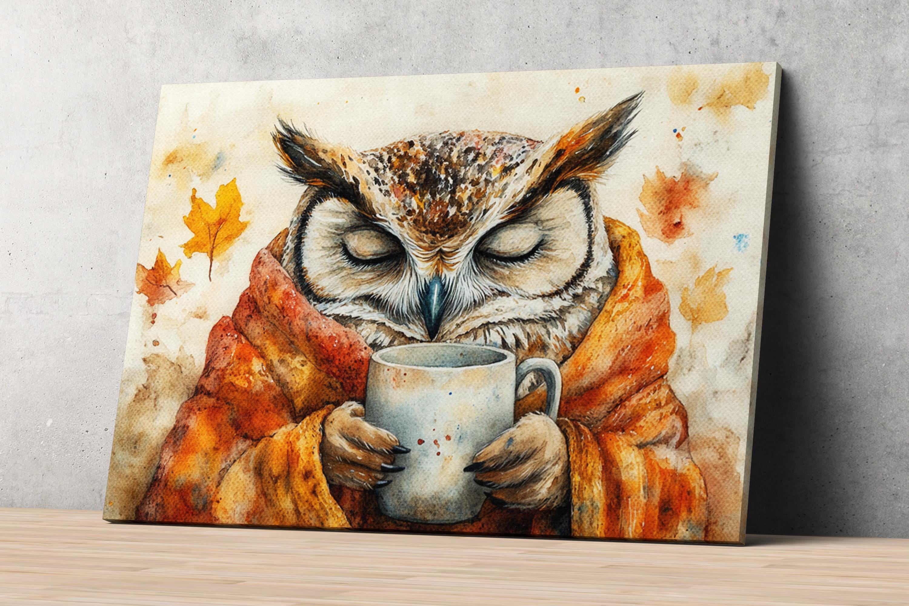 A painting of an owl wearing a red robe and holding a mug, with autumn leaves in the background.
