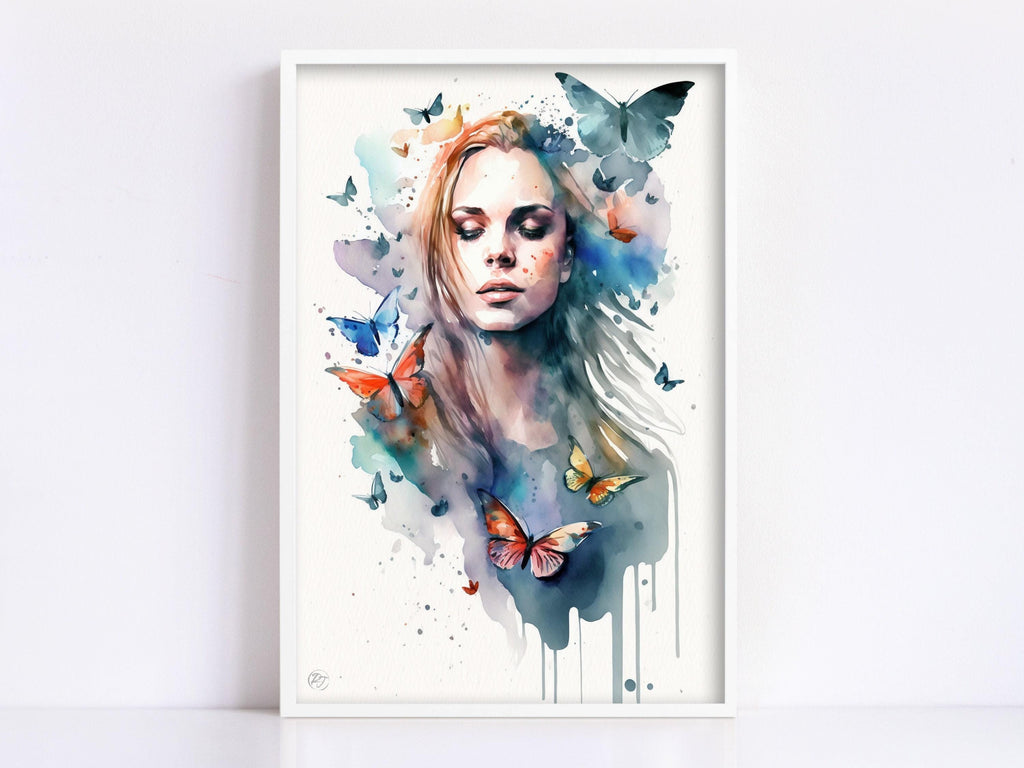 Dreamlike Elegance: Woman with Butterflies Watercolor Painting, Giclee Canvas, Artist and Watercolor Paper, Available in Extra Large Sizes