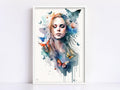 Dreamlike Elegance: Woman with Butterflies Watercolor Painting, Giclee Canvas, Artist and Watercolor Paper, Available in Extra Large Sizes