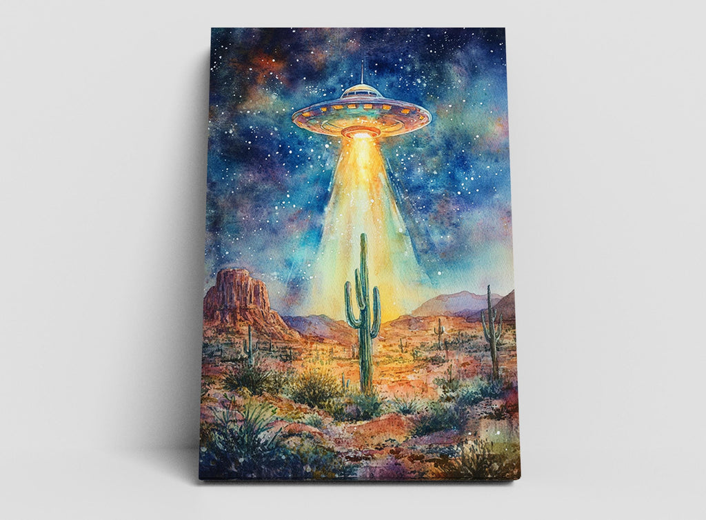A watercolor painting depicting a large, colorful alien spacecraft hovering over a desert landscape with cacti and mountains in the background, under a starry night sky.