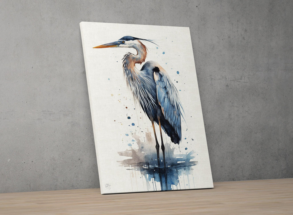 Tranquil Guardian: Blue Heron Watercolor Wall Art, Giclee Print on Canvas, Artist Paper, Watercolor Paper, Available in Extra Large Sizes