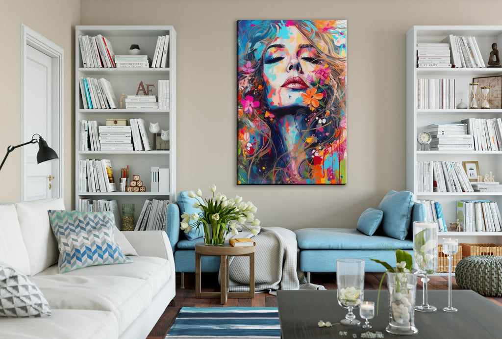 Woman Face Canvas - Large Floral Female Decor | Expressive Modern Art Print