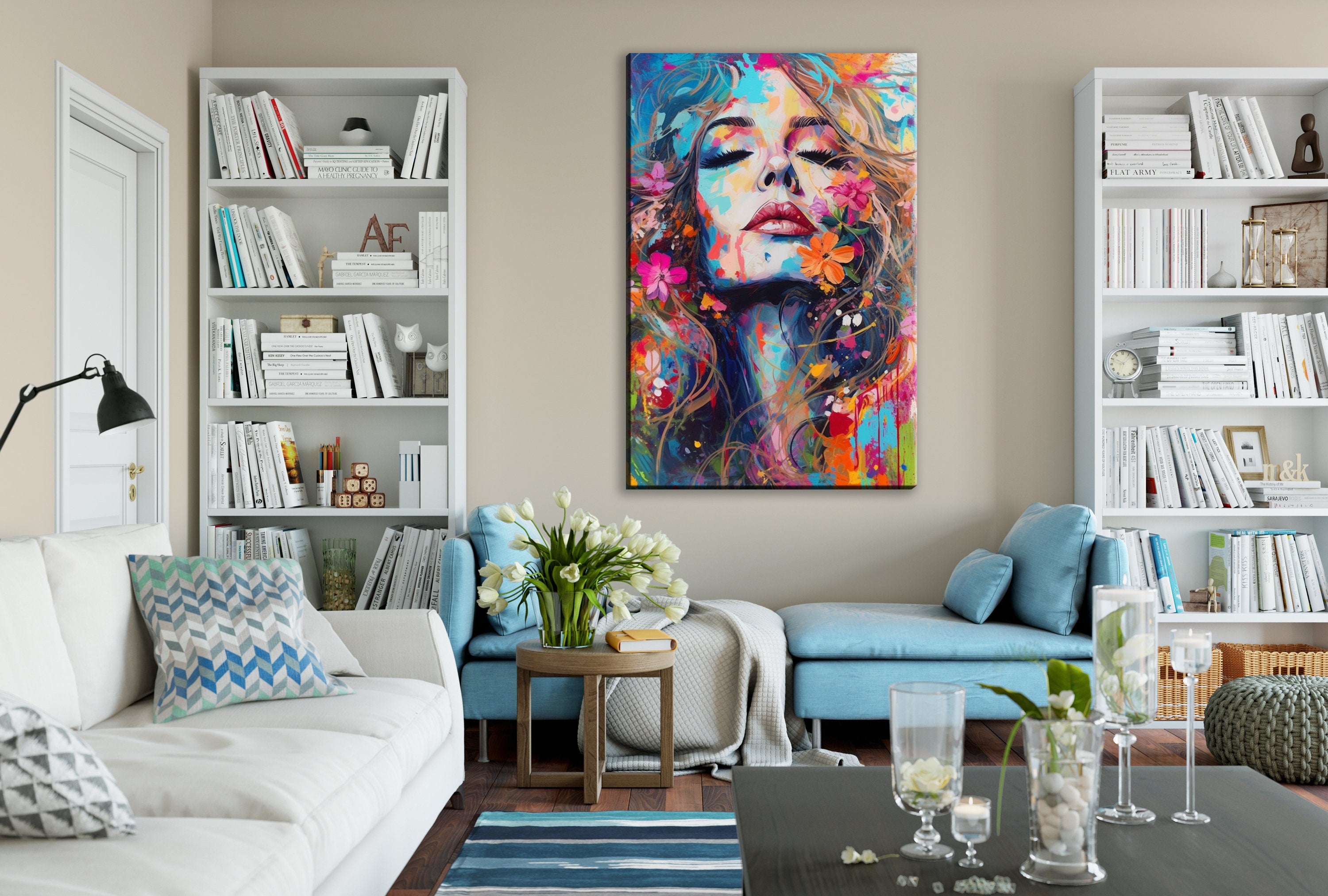 Woman Face Canvas - Large Floral Female Decor | Expressive Modern Art Print