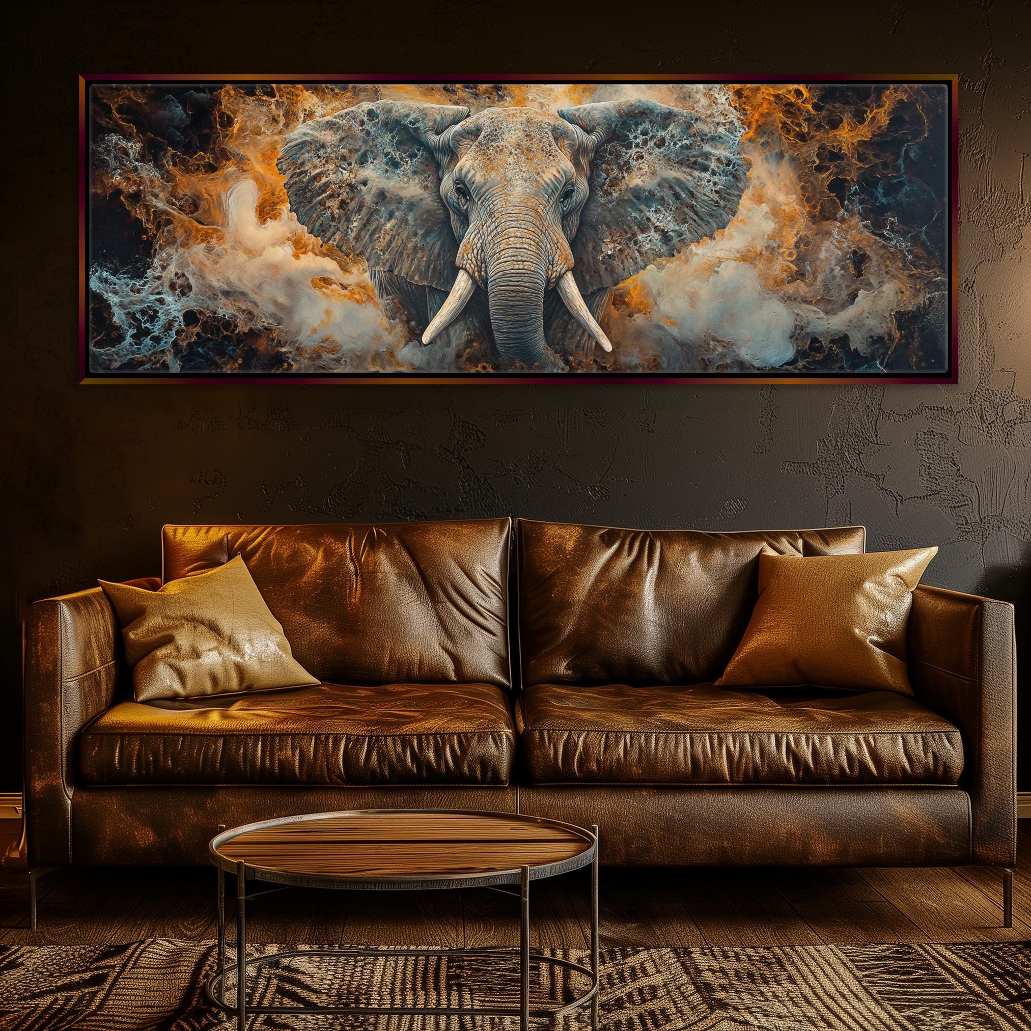 a painting of an elephant on a wall above a couch