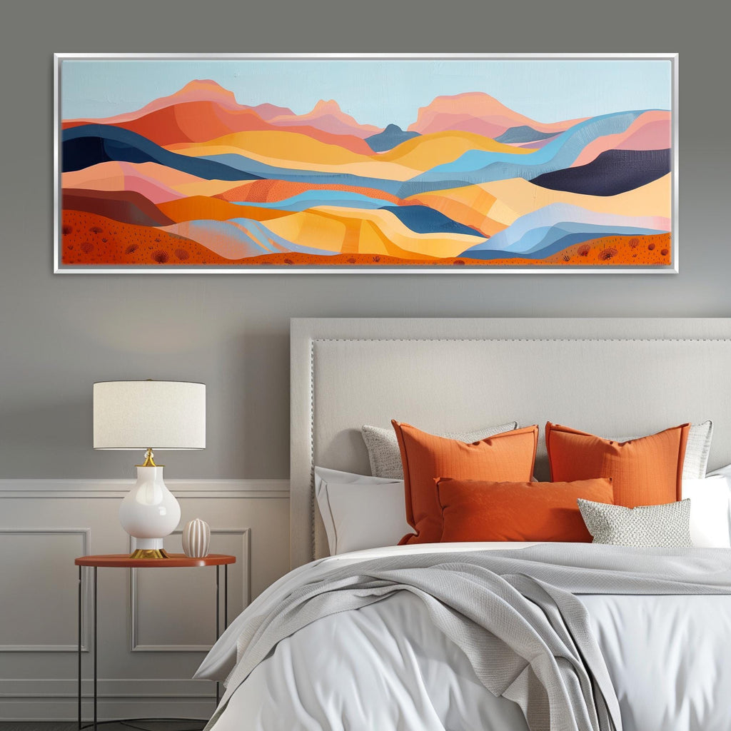 Boho Southwest Wall Art – Panoramic Framed Canvas | Oversized Desert Mountain Painting