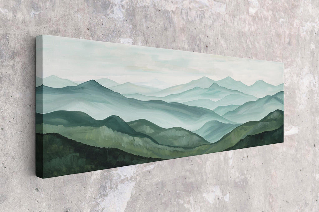 A landscape painting depicting a serene mountain range with rolling hills and valleys in shades of green and blue.