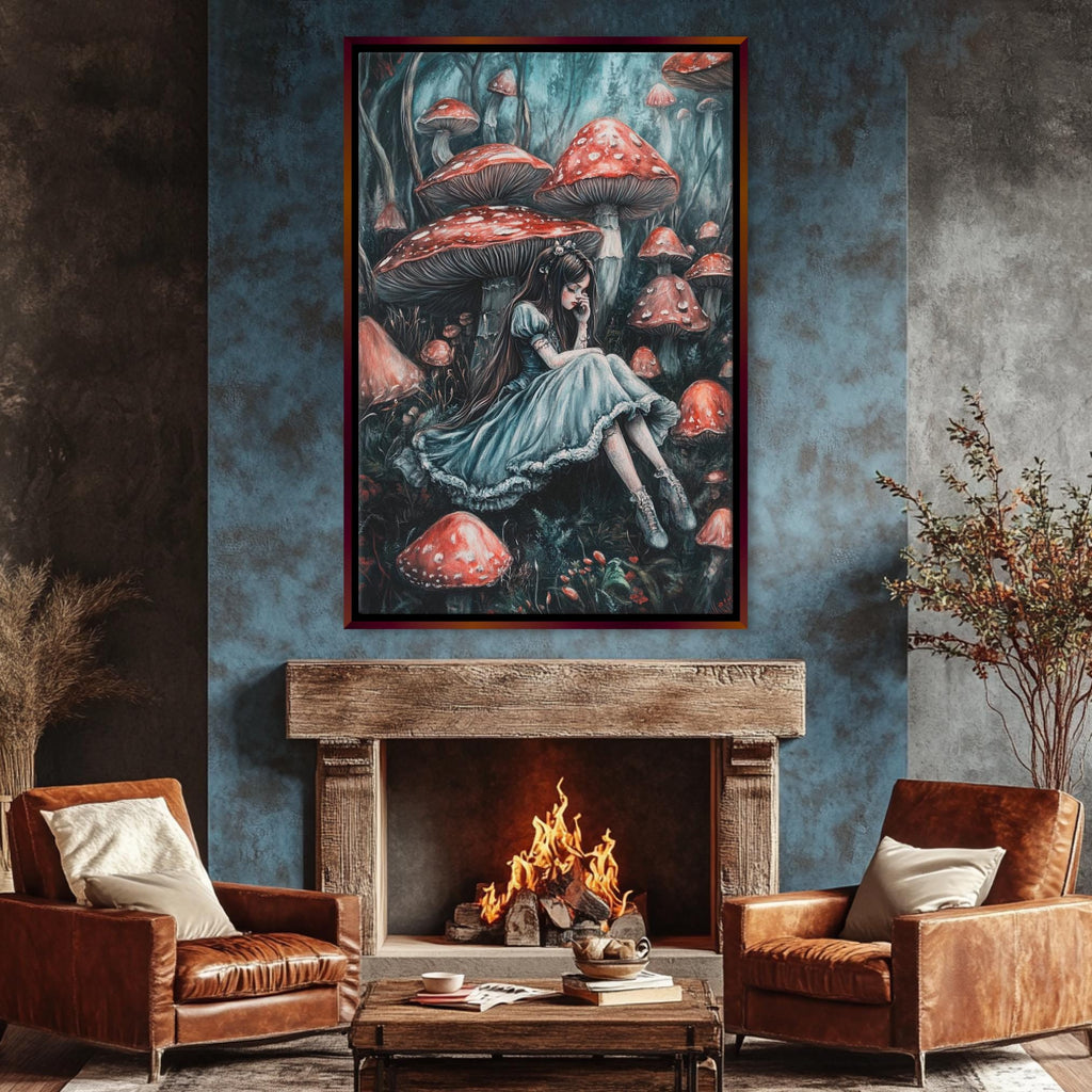 a living room with a fireplace and a painting on the wall