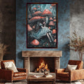 a living room with a fireplace and a painting on the wall