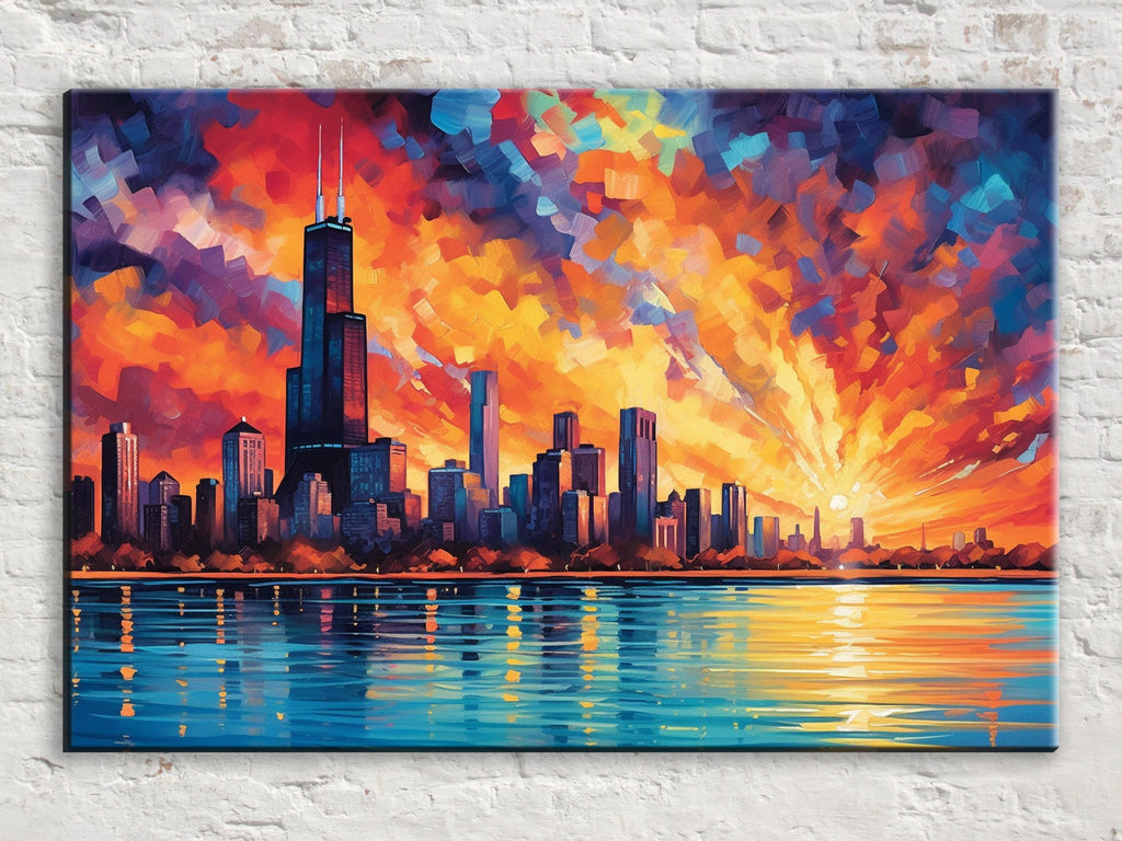 A vibrant painting depicting a city skyline at sunset, with the sun setting over the water and the city reflected in the calm surface.