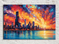 A vibrant painting depicting a city skyline at sunset, with the sun setting over the water and the city reflected in the calm surface.