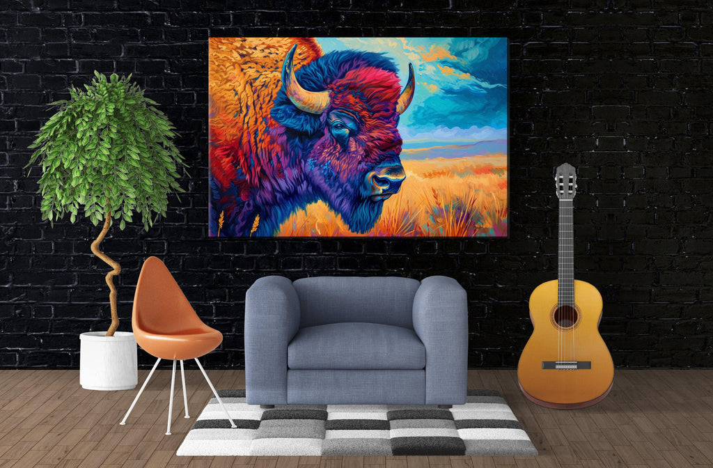 Bison Wall Art | Large Canvas Wall Art – Colorful Buffalo Painting with UV Coated Canvas Print