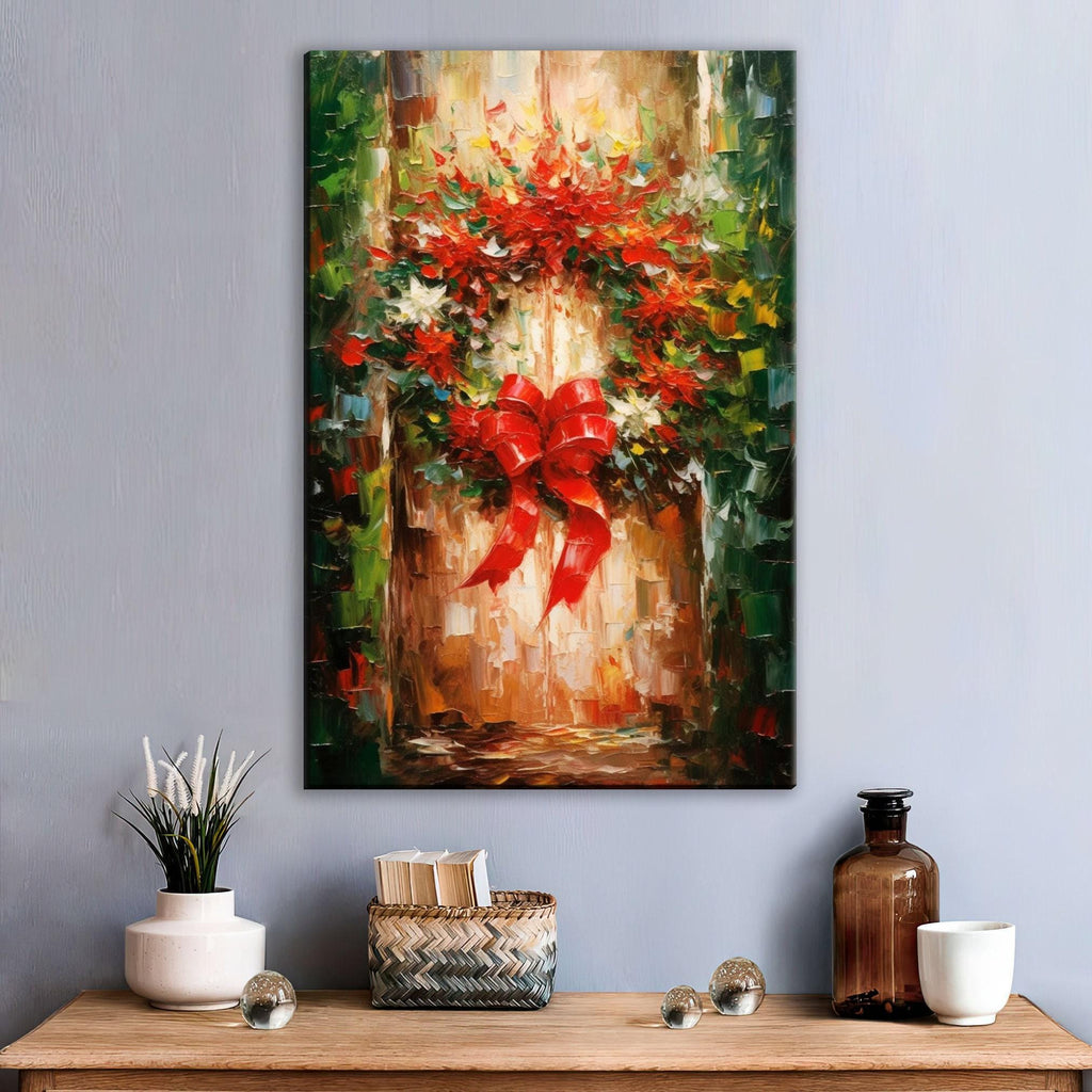 Christmas Wreath Art – Rustic Traditional Holiday Wall Decor on Gallery Wrapped Canvas