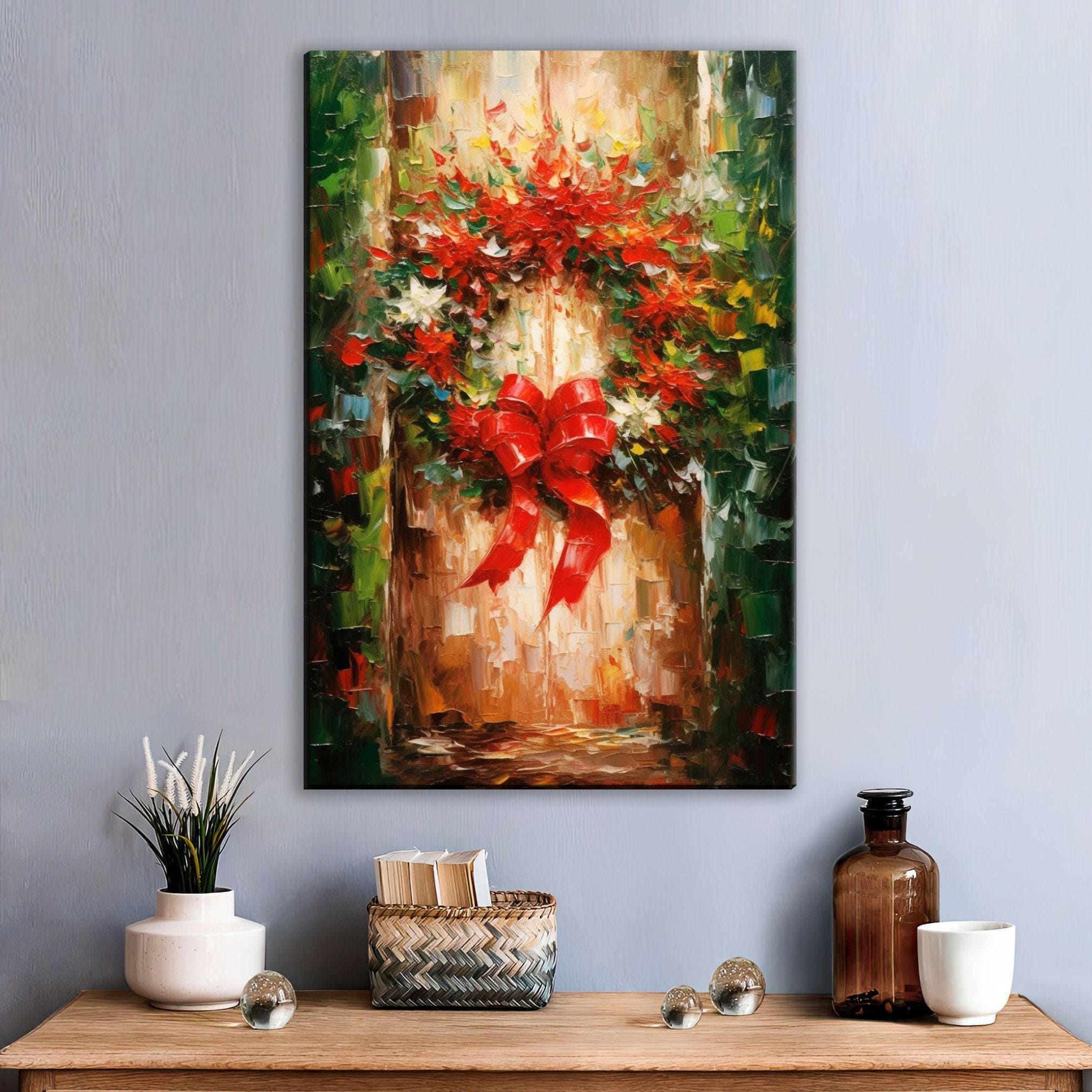 Christmas Wreath Art – Rustic Traditional Holiday Wall Decor on Gallery Wrapped Canvas