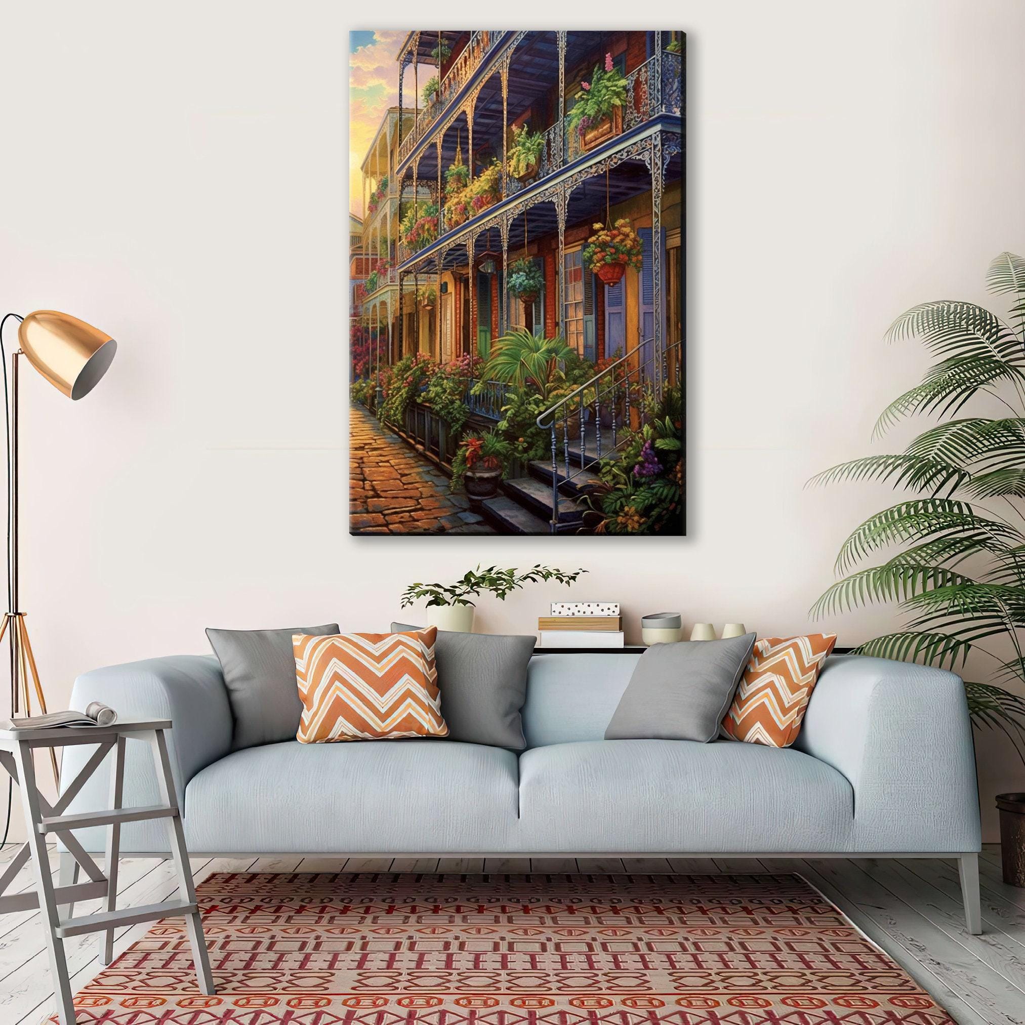 New Orleans Canvas Art – French Quarter Painting on Large Framed Canvas with Wood Frame