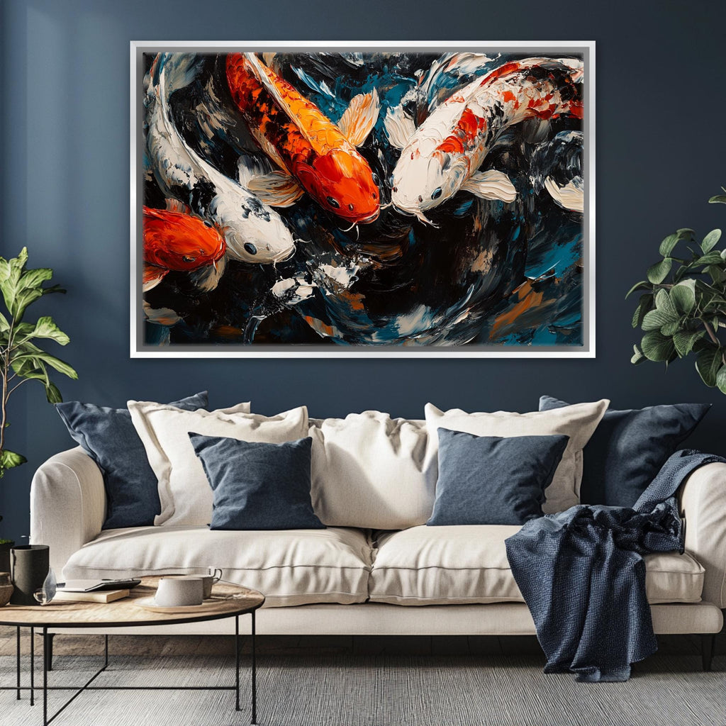 a living room with a couch and a painting on the wall
