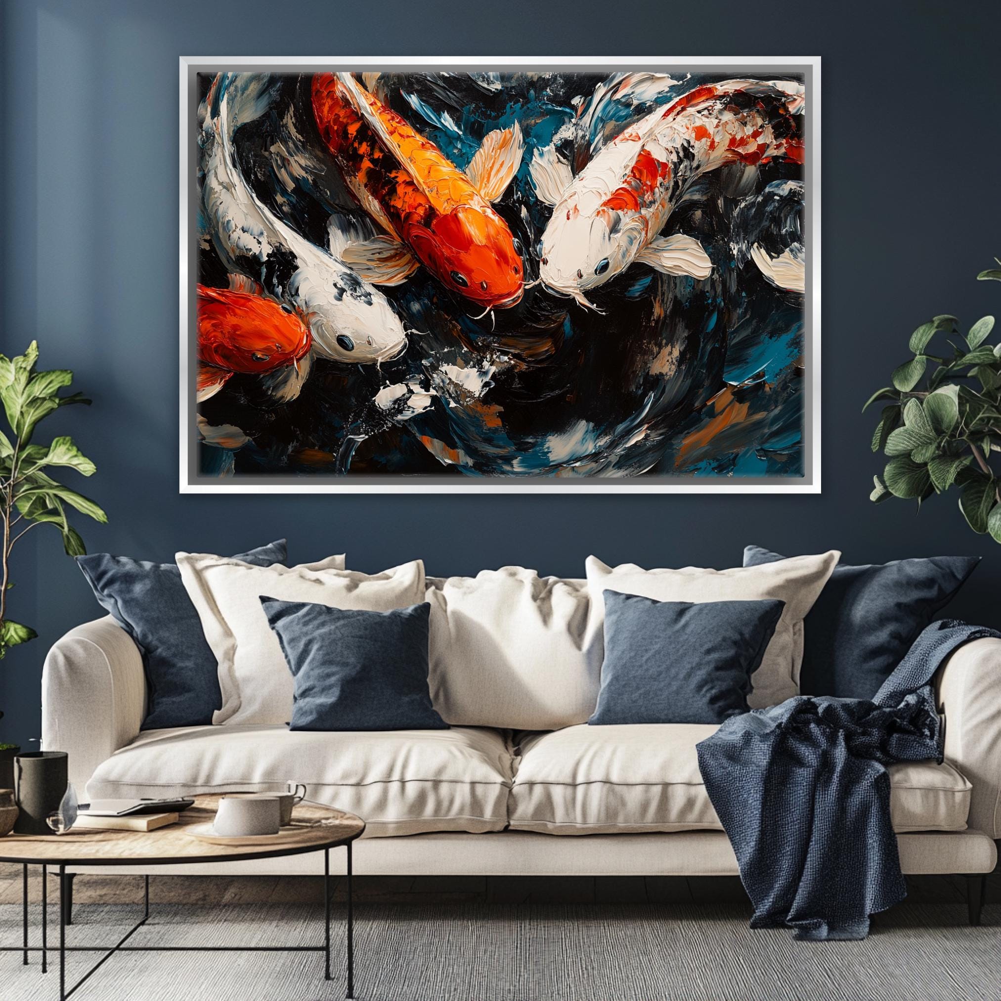a living room with a couch and a painting on the wall