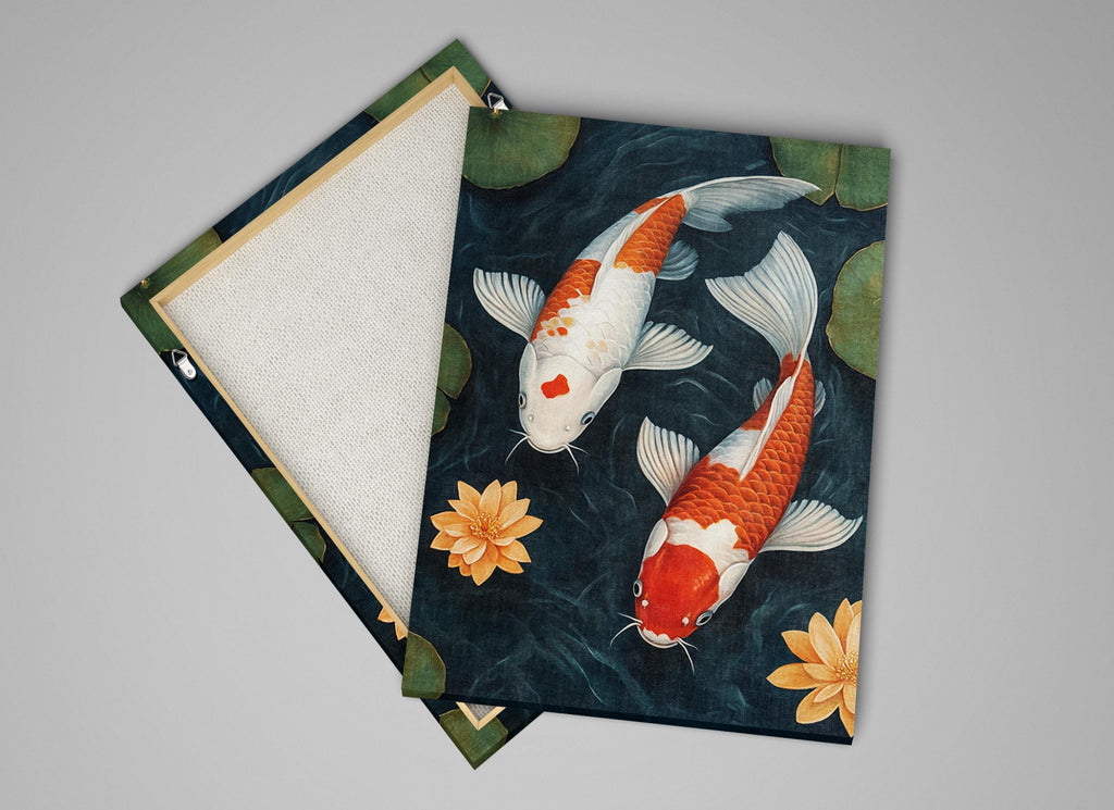 two koi fish swimming in a pond of water