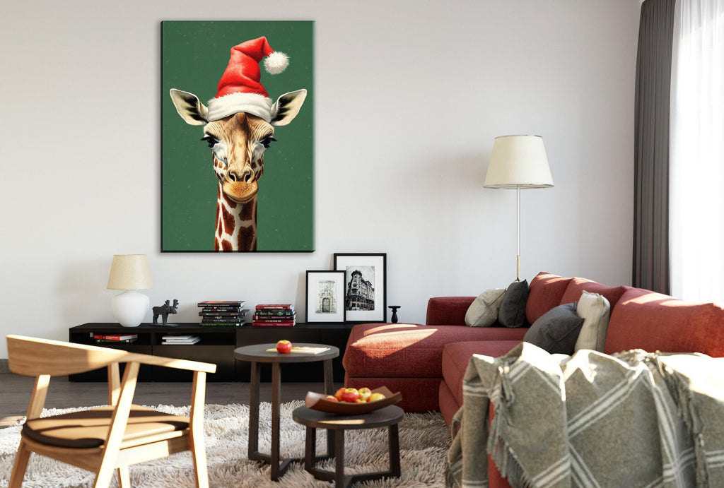 Christmas Canvas Art – Whimsical Giraffe in Santa Hat | Norman Rockwell Style Holiday Decor