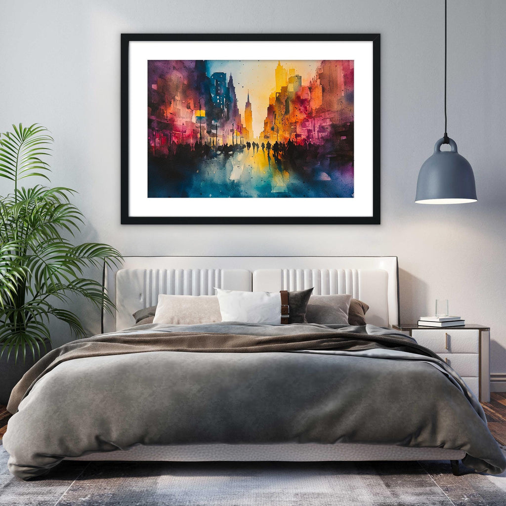 a modern bedroom with a large bed, a white headboard, and a framed painting of a cityscape hanging above it. The painting has a vibrant color palette and depicts a lively urban scene.