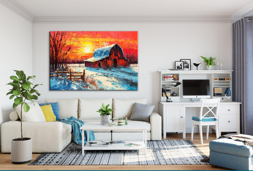 Wintery Farm Scene - Rustic Winter Canvas | Vintage Barn Landscape Print on Gallery Wrapped Canvas