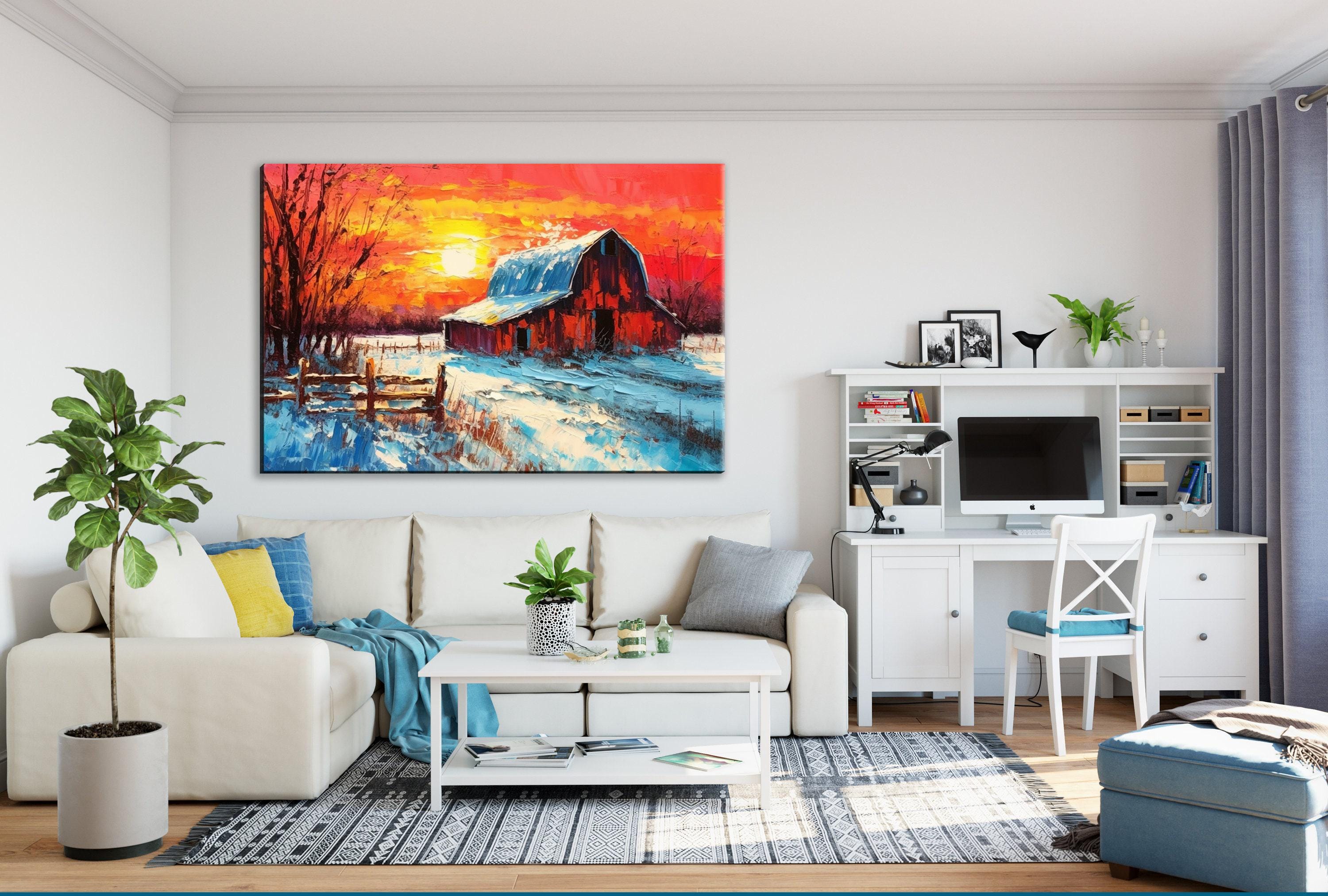 Wintery Farm Scene - Rustic Winter Canvas | Vintage Barn Landscape Print on Gallery Wrapped Canvas