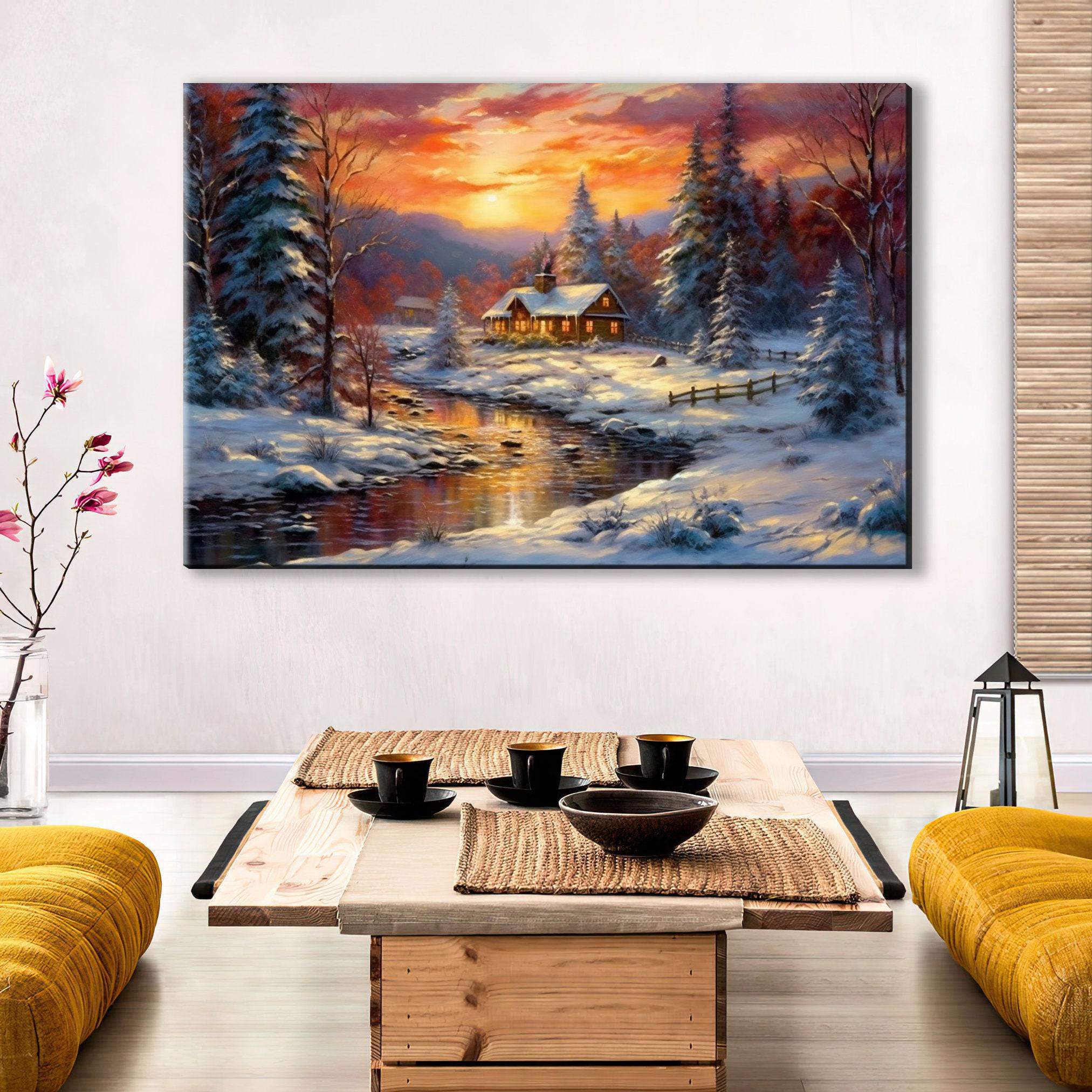 Winter Cabin Canvas | Vintage Oil Painting Rustic Winter Landscape Art - Gallery Wrapped