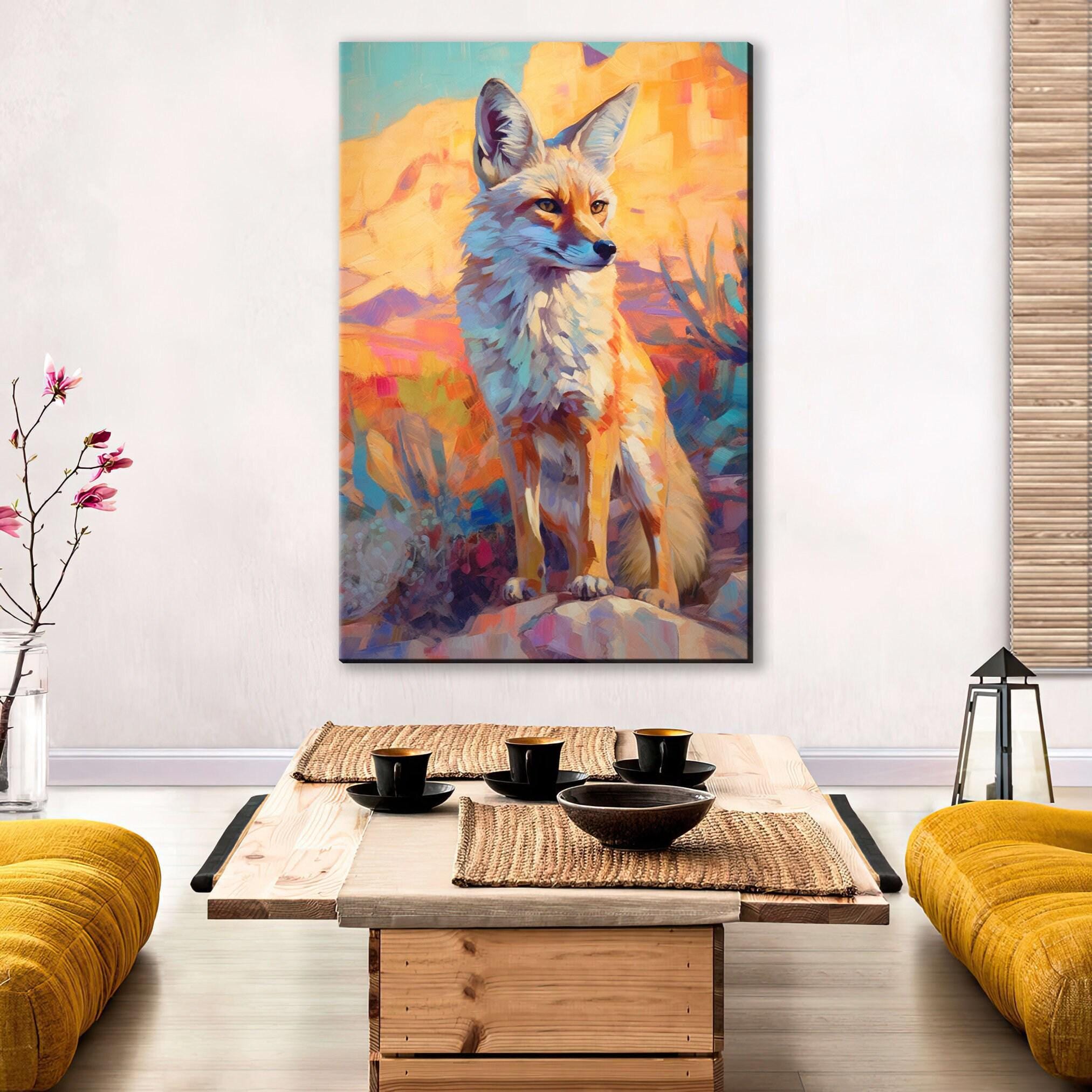 a large painting of a fox on the wall of a living room, with a wooden coffee table in front of it.