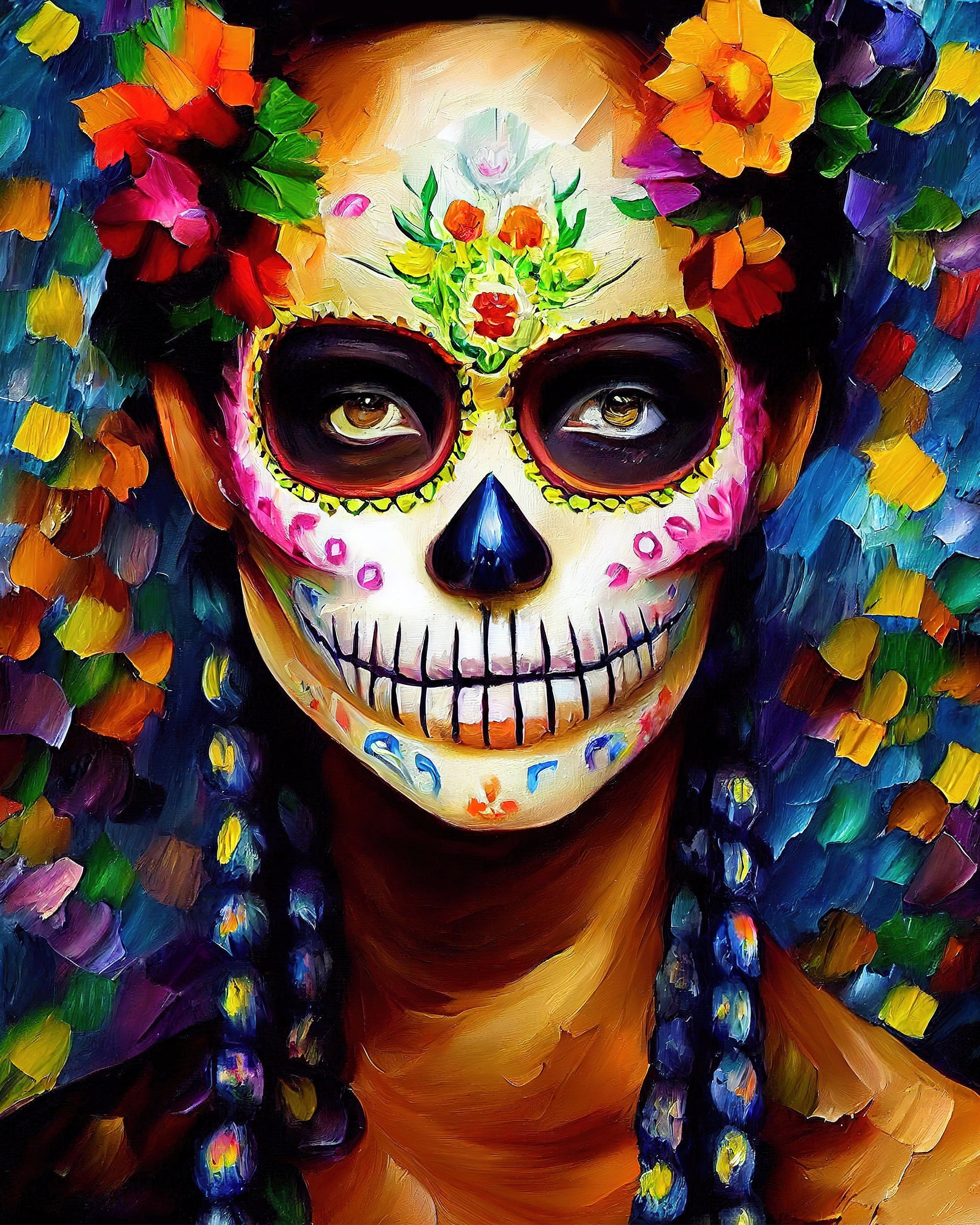Sugar Skull Wall Art - Dia De Los Muertos Art Canvas Featuring Colorful Skull Print