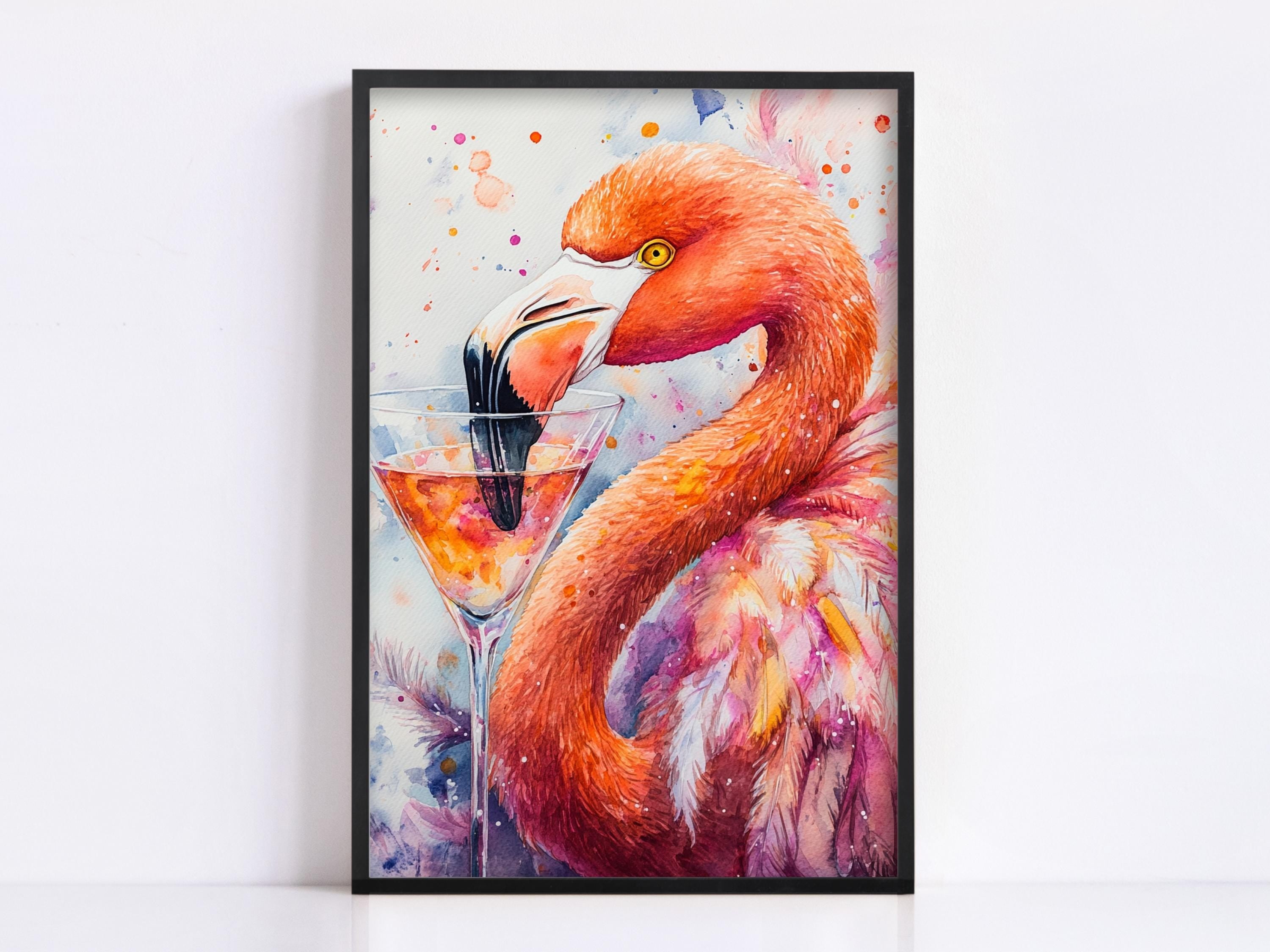 A framed painting depicting a vibrant flamingo with a cocktail glass in its beak, set against a colorful background.