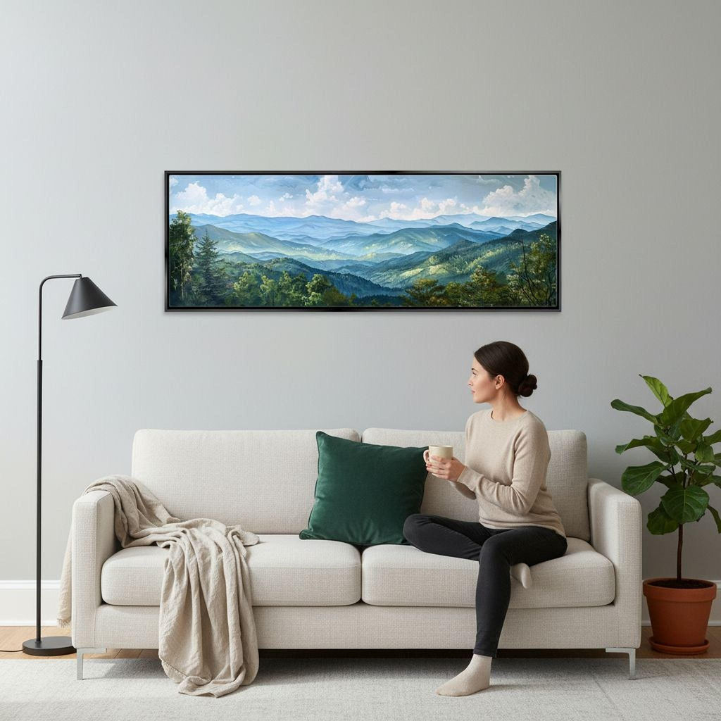A woman sits on a white couch, holding a coffee mug and looking out a window at a mountainous landscape.