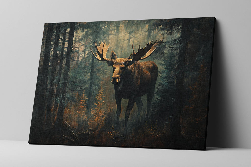 a painting of a moose in a forest