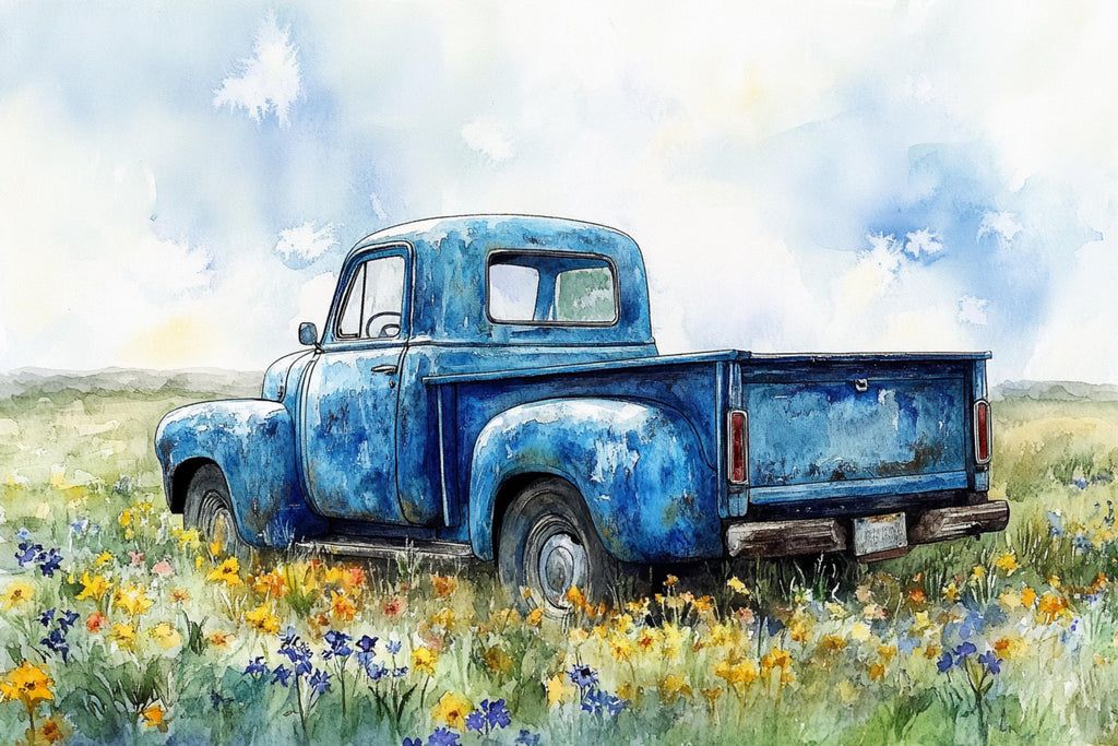 A blue vintage truck is parked in a field of wildflowers, with a cloudy sky in the background.