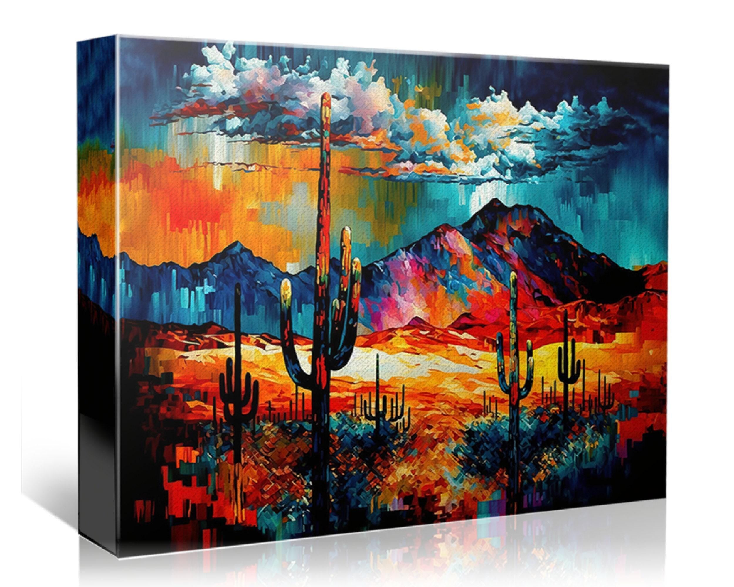 The image is a vibrant, colorful painting depicting a desert landscape with towering cacti in the foreground and a majestic mountain range in the background. The painting features a mix of warm and cool colors, creating a striking and visually captivating scene.