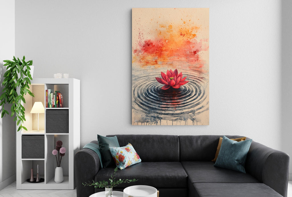 a serene living room with a black sectional sofa, a white bookshelf, and a large abstract painting of a lotus flower on the wall.