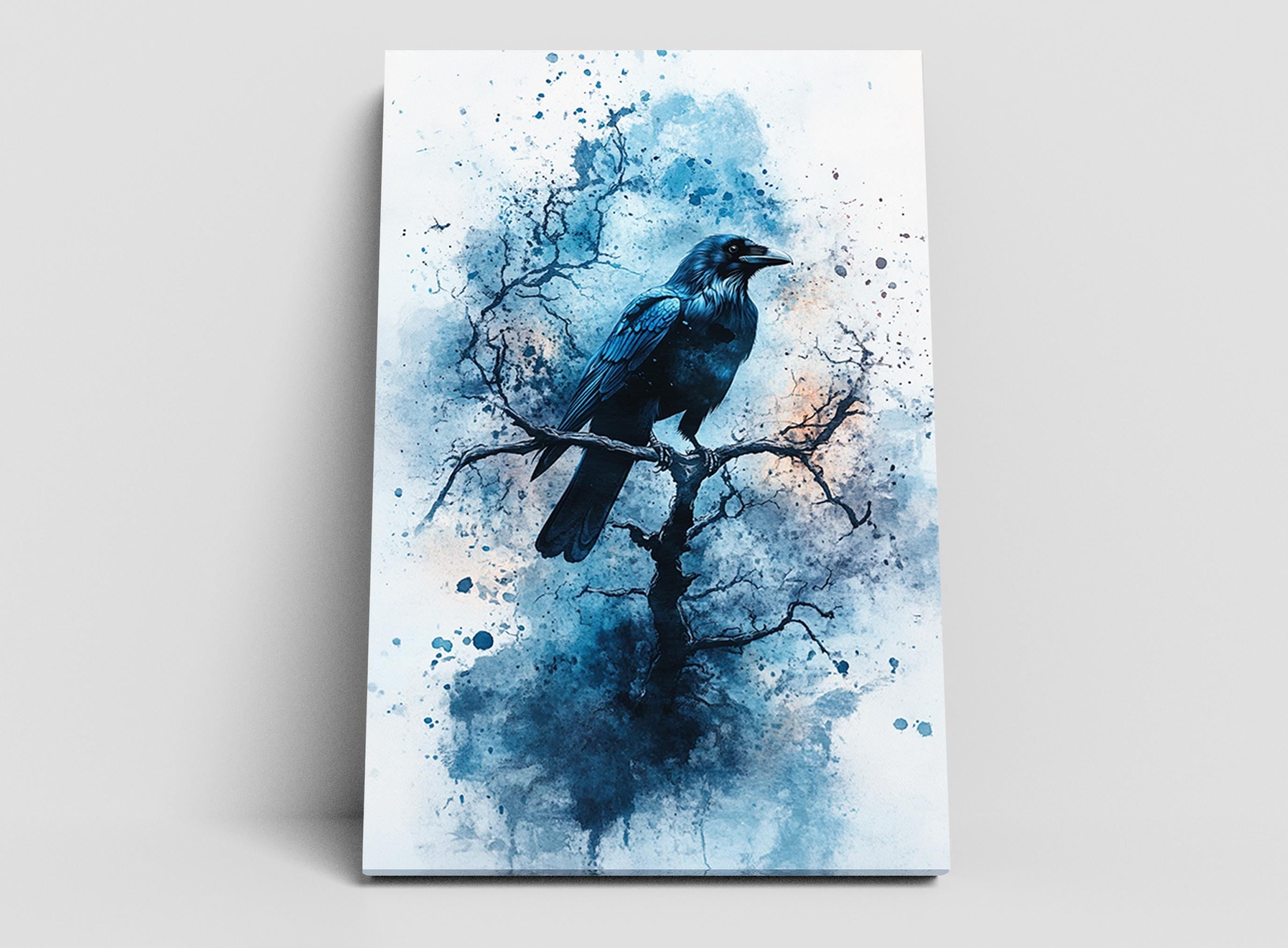 A black bird perched on a branch, surrounded by a blue and white abstract background with splashes of color.
