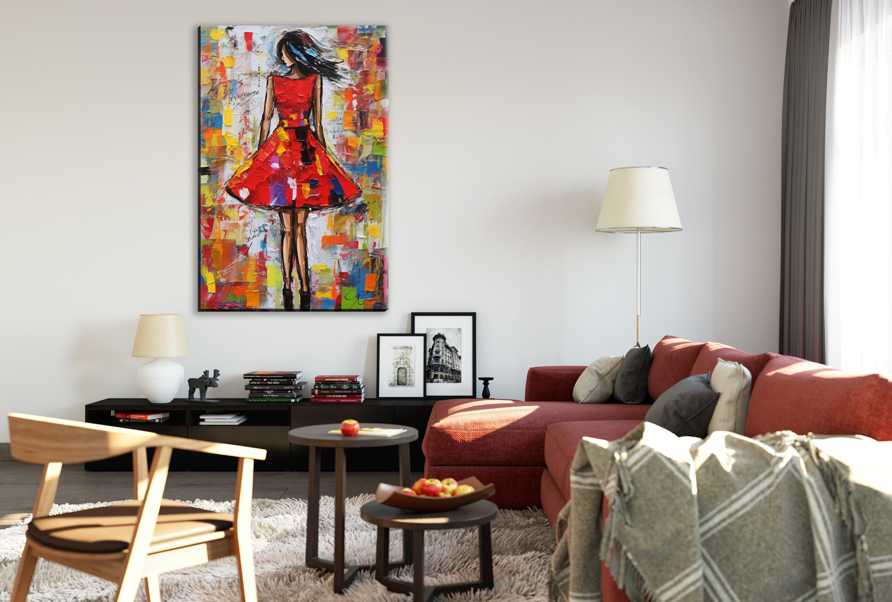 Red Dress Wall Art – Elegant Feminine Canvas Print with Impasto Painting