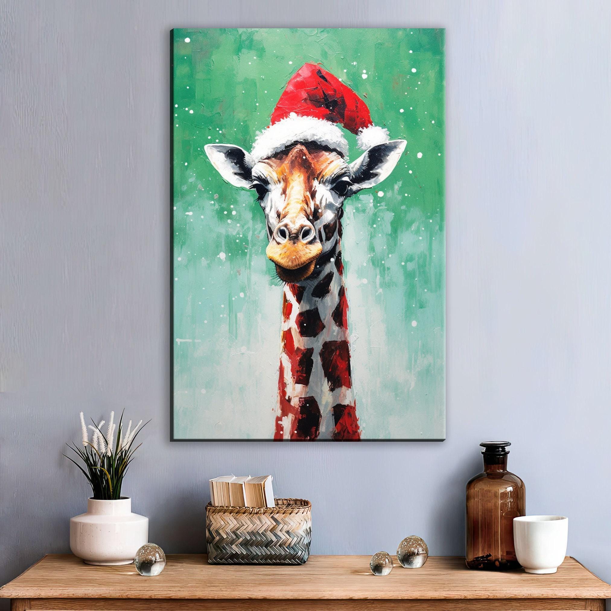 Holiday Giraffe Painting – Christmas Wall Art | Large Santa Hat Canvas Print