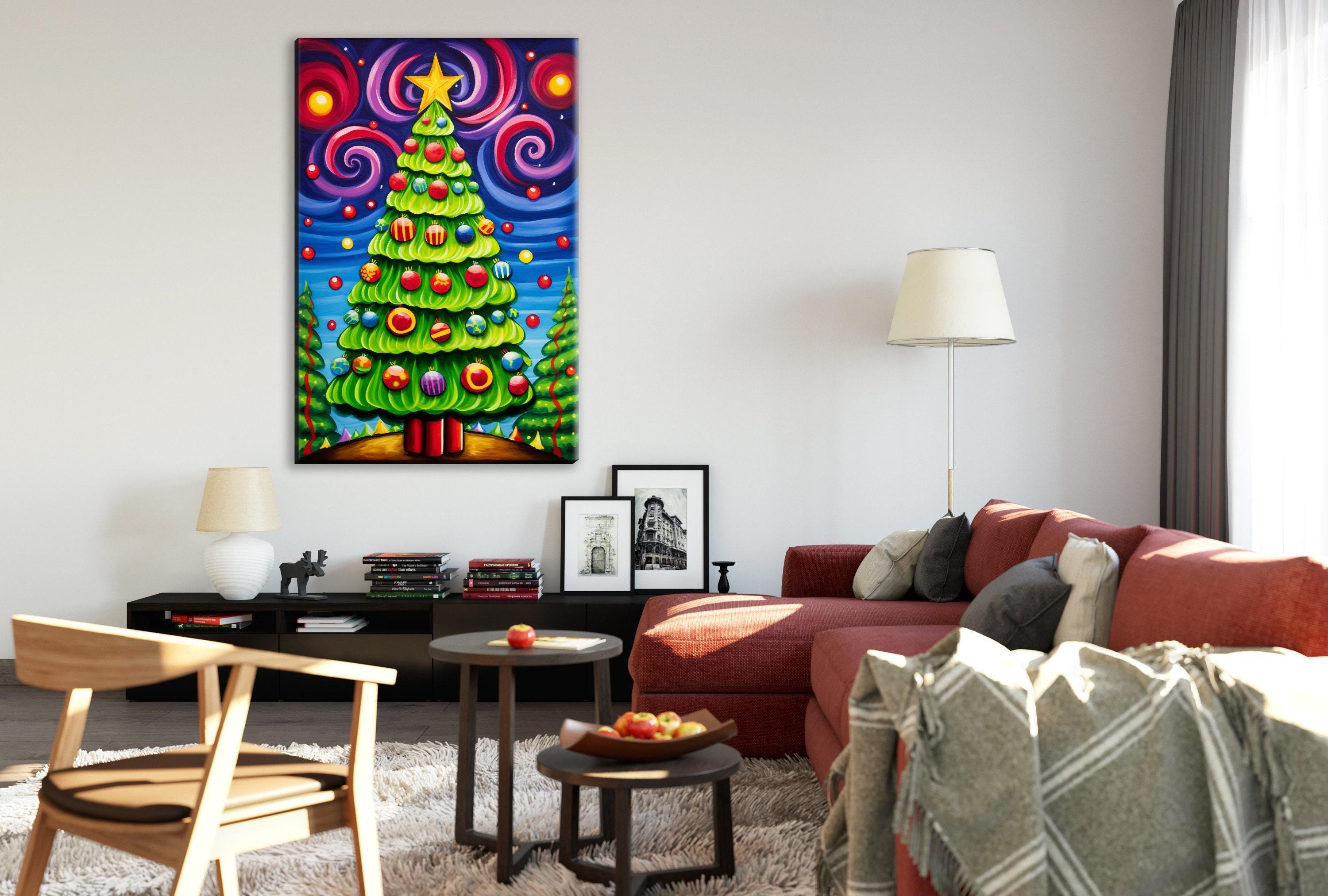 Christmas Canvas Art – Vibrant Color Burst Xmas Tree Painting on Gallery Wrapped Canvas