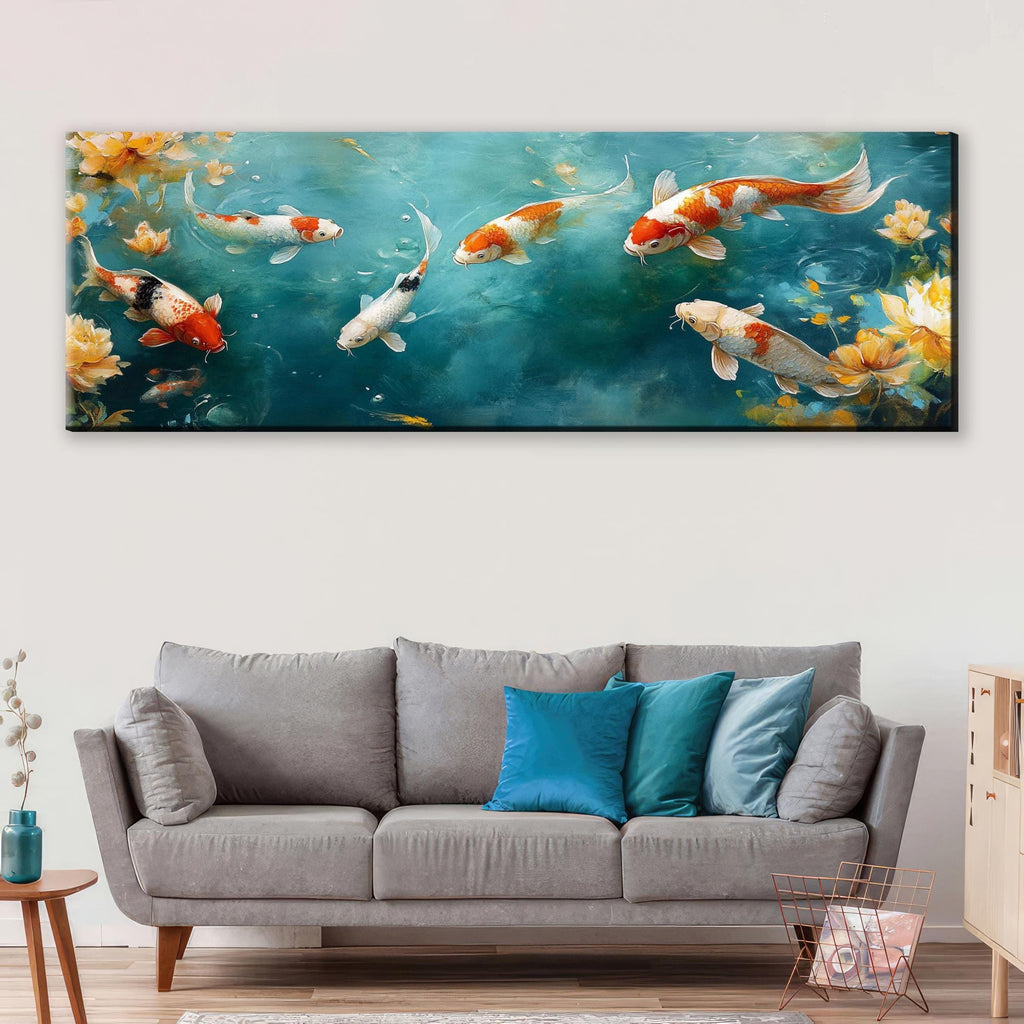 a living room with a couch and a painting on the wall